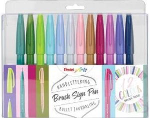 Pentel brushpen Sign Pen Brush Touch plastic etui met 12 stuks in geassorteerde kleuren