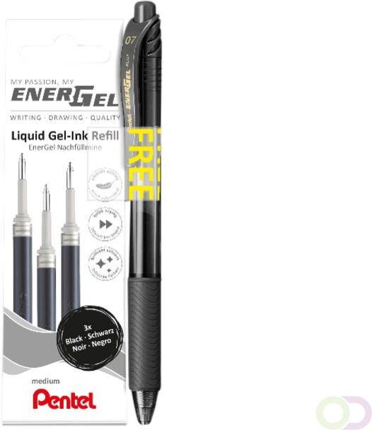 Pentel Gelschrijvervulling LR7 Energel met gratis gelpen medium zwart blister Ã  3 stuks