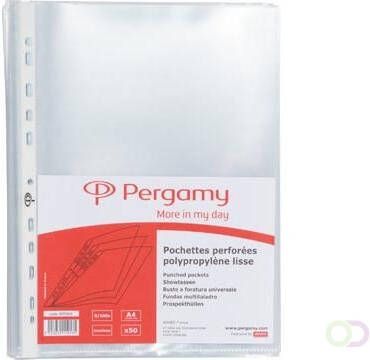Pergamy geperforeerde showtas ft A4 11-gaatsperforatie glasheldere PP van 90 micron pak van 50 stuks