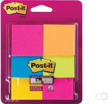 Post-it Super Sticky Notes ft 47 6 x 47 6 mm blister met 6 blokjes van 45 vel geassorteerde kleuren