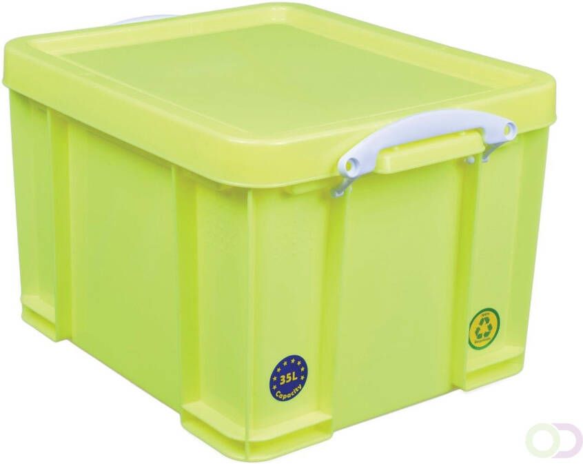 Really Useful Boxes van stevig kunststof | VindiQ Really Useful Box opbergdoos 35 liter neongeel met witte handvaten