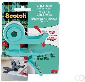 Scotch clip & twist plakbandafroller inclusief 1 rol Magic tape appelblauwzeegroen