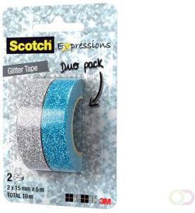 Scotch Expressions glitter tape 15 mm x 5 m blister met 2 stuks in geassorteerde kleuren
