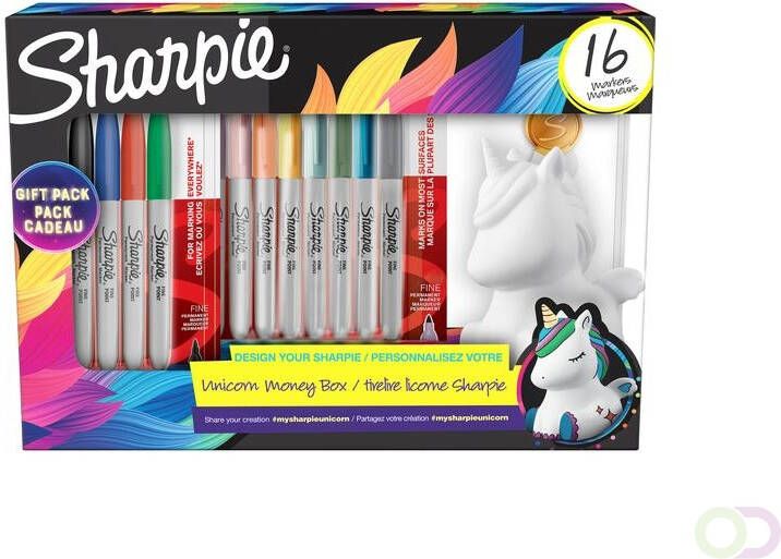 Sharpie permanente marker eenhoorn giftbox fijne punt doos van 16 stuks in geassorteerde kleuren