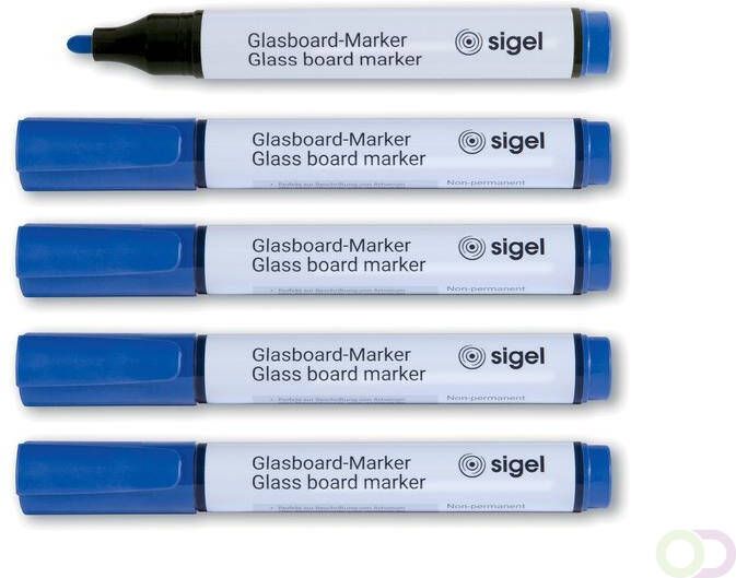 Sigel glasboardmarker 2 3mm ronde punt 5 stuks in etui blauw