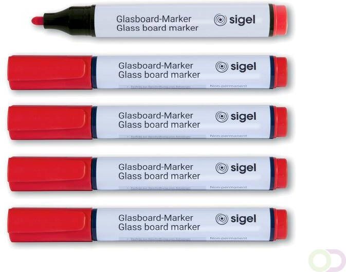 Sigel glasboardmarker 2 3mm ronde punt 5 stuks in etui rood