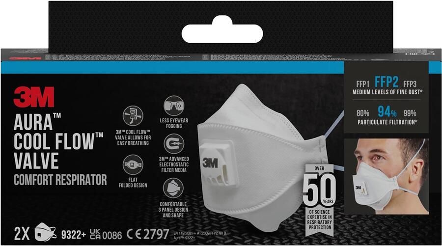 3M Aura Comfort Cool Flow stofmasker FFP2 met ventiel pak van 2 stuks