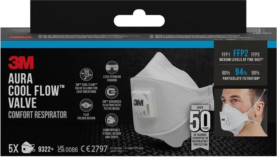 3M Aura Comfort Cool Flow stofmasker FFP2 met ventiel pak van 5 stuks