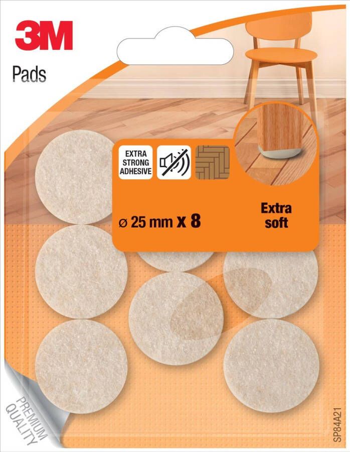 3M beschermende vloerpads uit vilt diameter 25 mm blister van 8 stuks