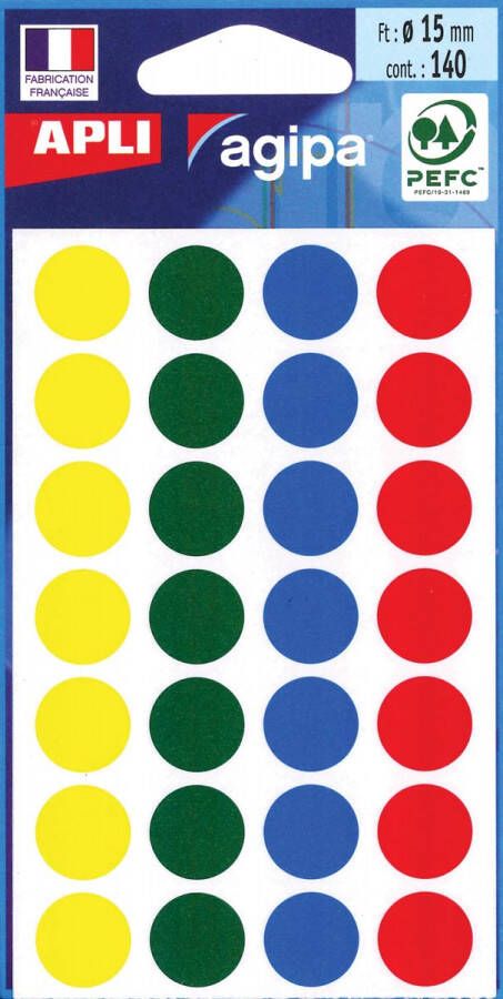 Agipa ronde etiketten in etui diameter 15 mm, geassorteerde kleuren, 140 stuks, 28 per blad online kopen