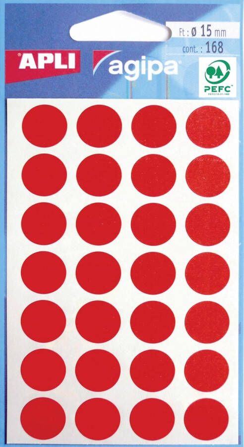Agipa ronde etiketten in etui diameter 15 mm rood 168 stuks 28 per blad