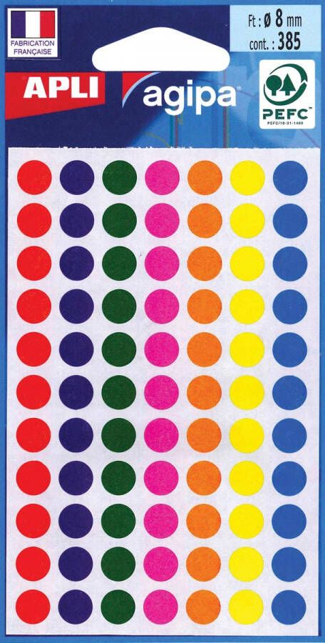 Agipa ronde etiketten in etui diameter 8 mm, geassorteerde kleuren, 385 stuks, 77 per blad online kopen