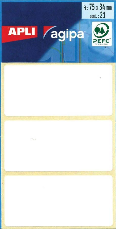 Agipa witte etiketten in etui ft 34 x 75 mm (b x h) 21 stuks 3 per blad