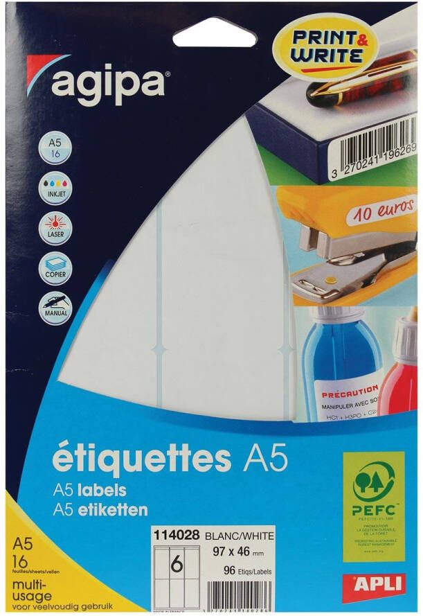 Agipa witte etiketten Print &amp Write ft 97 x 46 mm(b x h ) 96 stuks 6 per blad