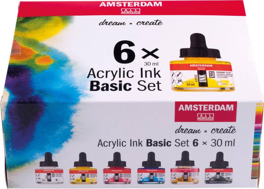 Amsterdam acryl inkt Bassisset set met 6 flacons van 30 ml assorti