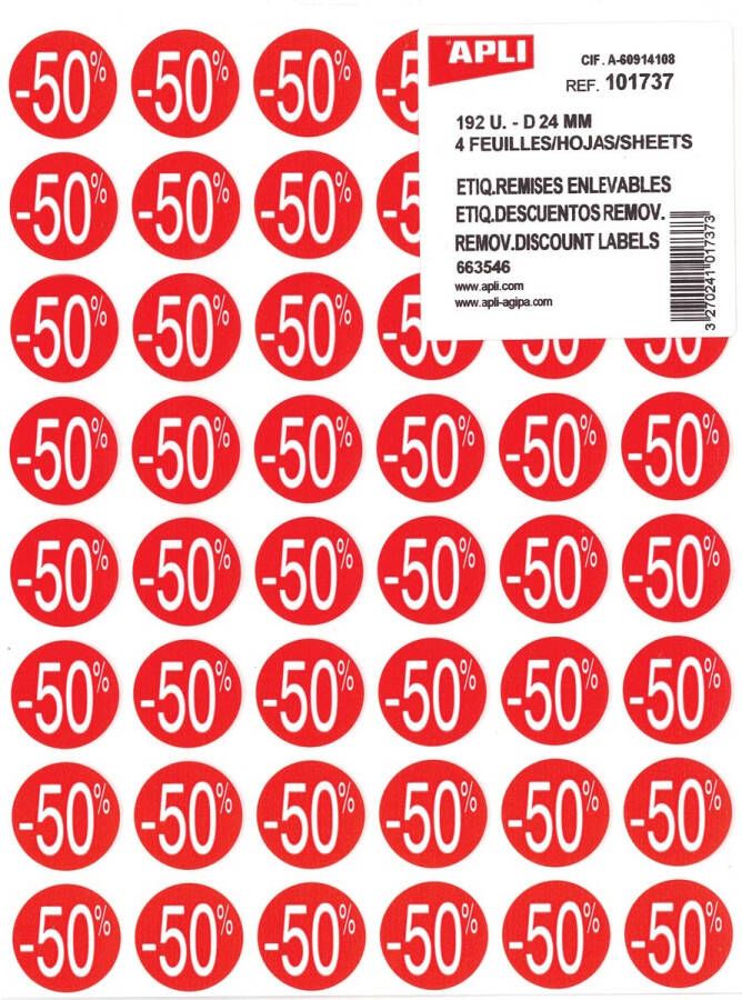 Apli Agipa Kortinglabel -50% rood pak van 192 stuks verwijderbaar
