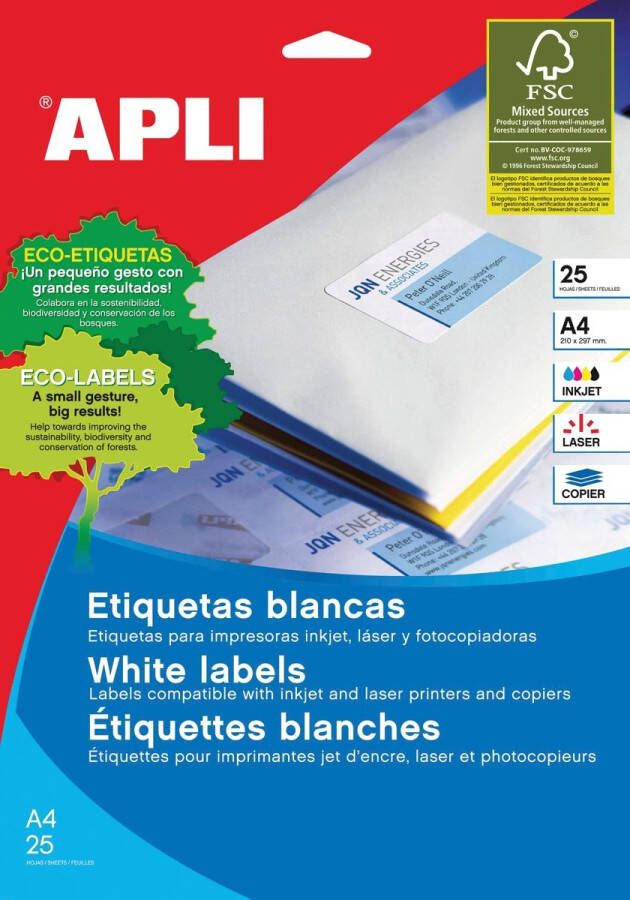 Apli etiketten ft 210 x 297 mm (b x h) rechte hoeken 25 stuks 1 per blad (1215)