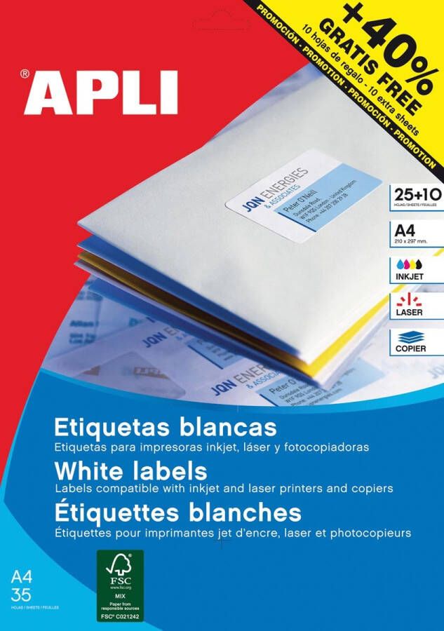 Apli etiketten ft 70 x 37 mm (b x h) rechte hoeken 600 stuks 24 per blad (1212)