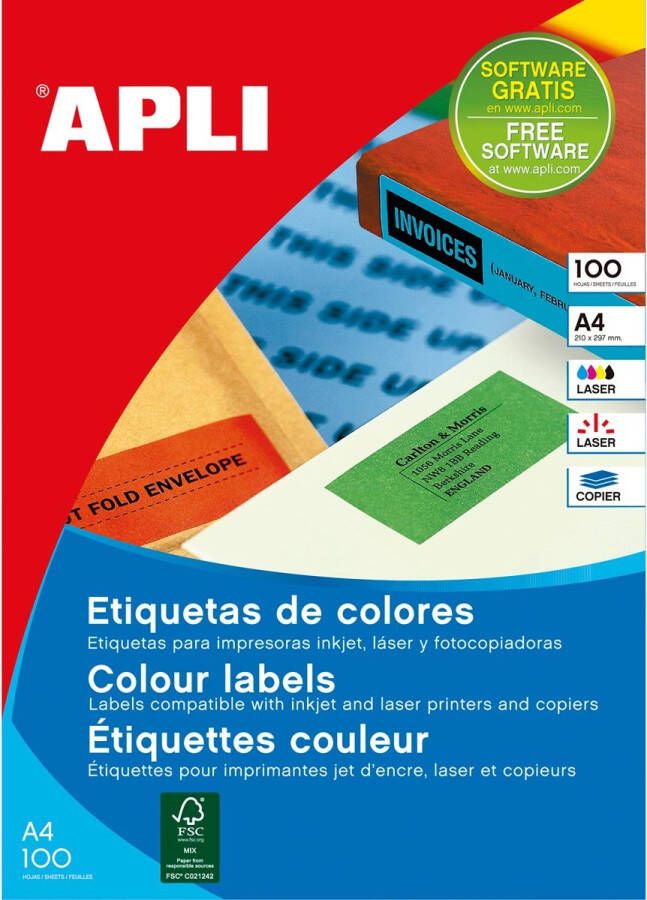 Apli Gekleurde etiketten ft 210 x 297 mm (b x h) groen 100 stuks 1 per blad