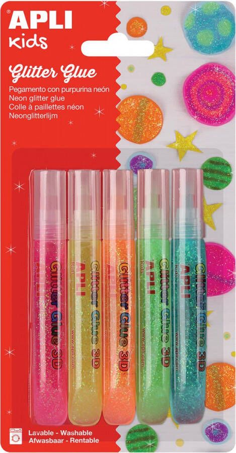Apli Kids glitterlijm blister met 5 tubes van 13 ml in geassorteerde fluo kleuren