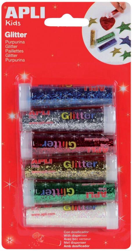 Apli Kids glitterpoeder blister met 6 tubes in geassorteerde kleuren