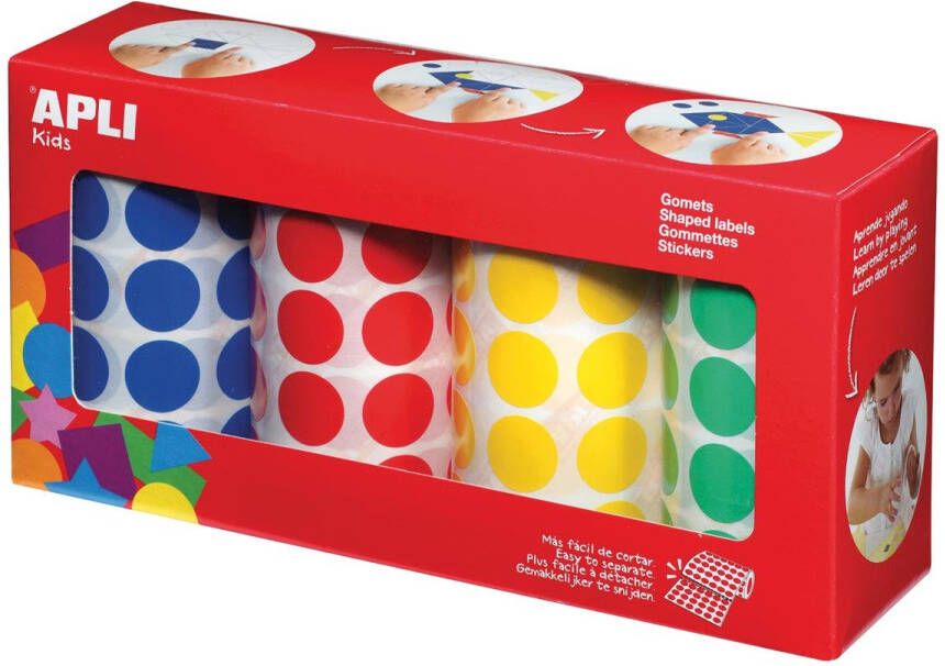 Apli Kids stickers XL cirkels diameter 20 mm doos met 4 rollen in 4 kleuren