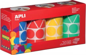 Apli Kids stickers XL doos met 4 rollen in 4 kleuren en 4 vormen (blauw rood geel en groen)