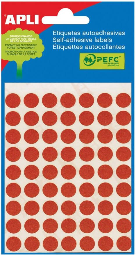 Apli ronde etiketten in etui diameter 10 mm rood 315 stuks 63 per blad (2053)
