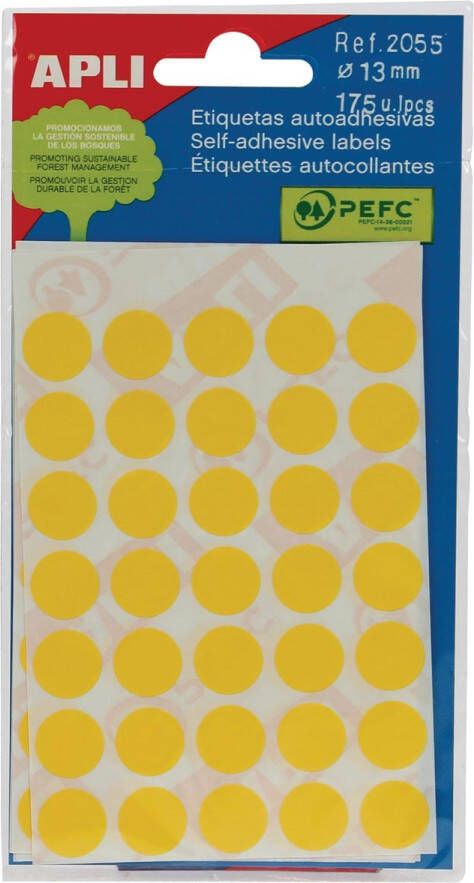 Apli ronde etiketten in etui diameter 13 mm geel 175 stuks 35 per blad (2055)