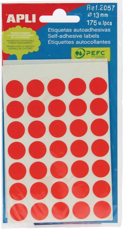 Apli ronde etiketten in etui diameter 13 mm rood 175 stuks 35 per blad (2057)