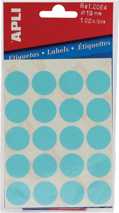 Apli ronde etiketten in etui diameter 19 mm blauw 100 stuks 20 per blad (2064)