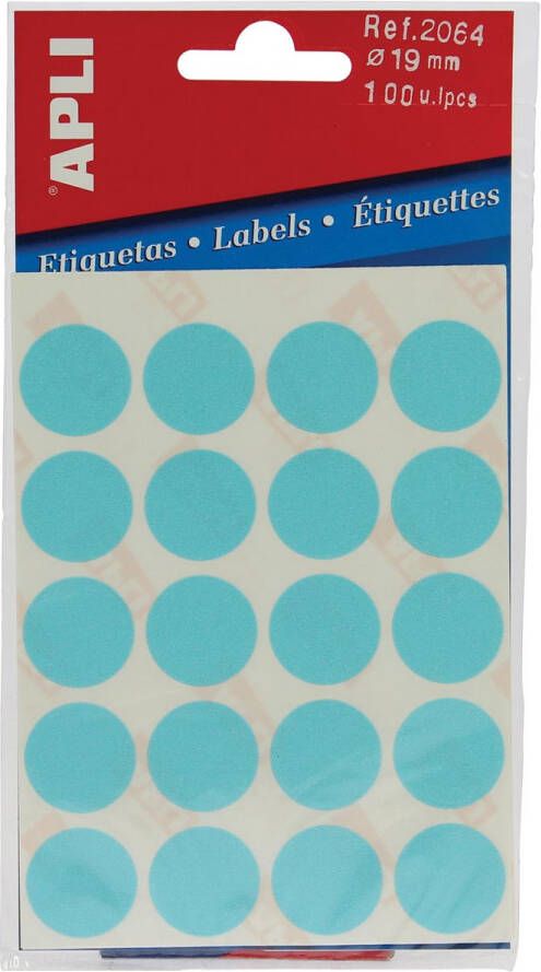Apli ronde etiketten in etui diameter 19 mm blauw 100 stuks 20 per blad (2064)