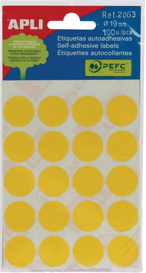 Apli ronde etiketten in etui diameter 19 mm geel 100 stuks 20 per blad (2063)