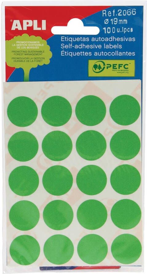 Apli ronde etiketten in etui diameter 19 mm groen 100 stuks 20 per blad (2066)