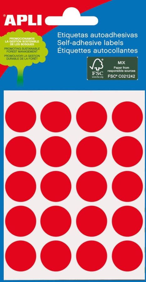 Apli ronde etiketten in etui diameter 19 mm rood 100 stuks 20 per blad (2065)