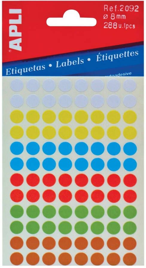 Apli ronde etiketten in etui diameter 8 mm geassorteerde kleuren 288 stuks 96 per blad (2092)