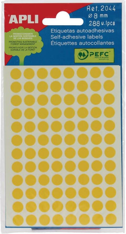 Apli ronde etiketten in etui diameter 8 mm geel 288 stuks 96 per blad (2044)
