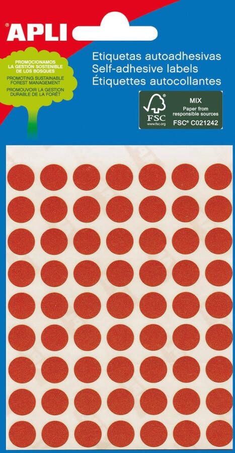 Apli ronde etiketten in etui diameter 8 mm rood 288 stuks 96 per blad (2046)