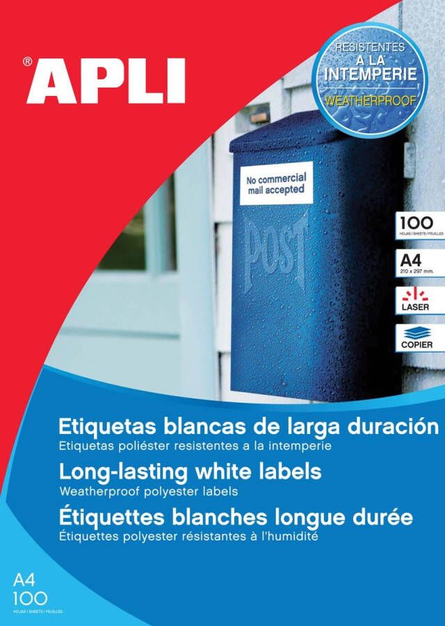 Apli Weerbestendige etiketten ft 210 x 297 mm (b x h) 100 stuks 1 per blad doos van 100 blad