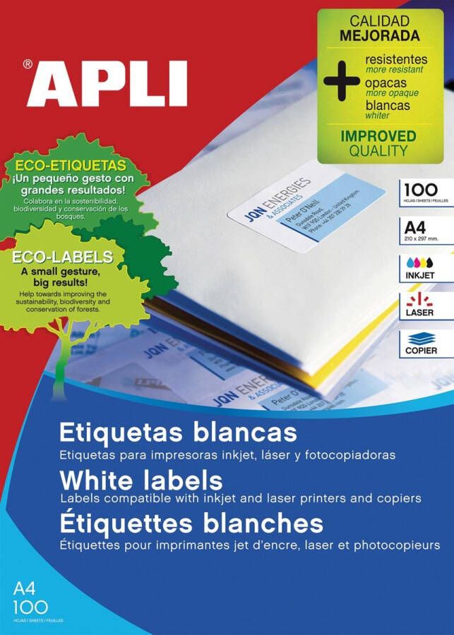 Apli witte etiketten ft 70 x 33 8 mm (b x h) 2.400 stuks 24 per blad (1293)