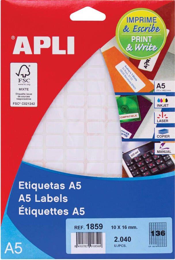 Apli witte etiketten Print &amp Write ft 10 x 16 mm(b x h ) 2.040 stuks 136 per blad(1859 )