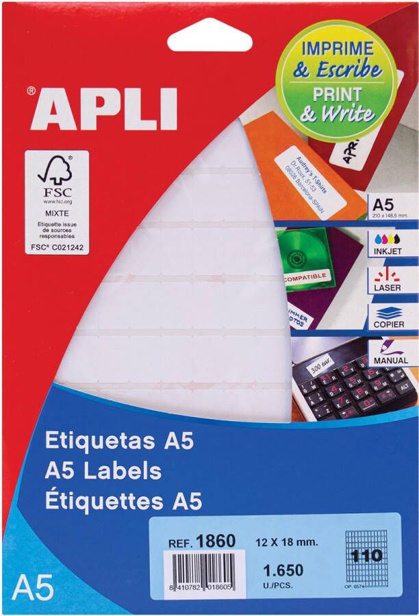 Apli witte etiketten Print &amp Write ft 12 x 18 mm(b x h ) 1.650 stuks 110 per blad(1860 )