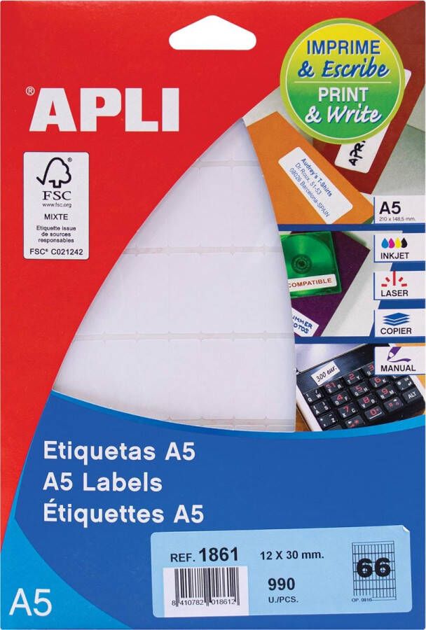 Apli witte etiketten Print & Write ft 12 x 30 mm (b x h) 990 stuks 66 per blad (1861)