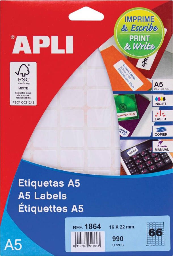 Apli witte etiketten Print &amp Write ft 16 x 22 mm(b x h ) 990 stuks 66 per blad(1864 )
