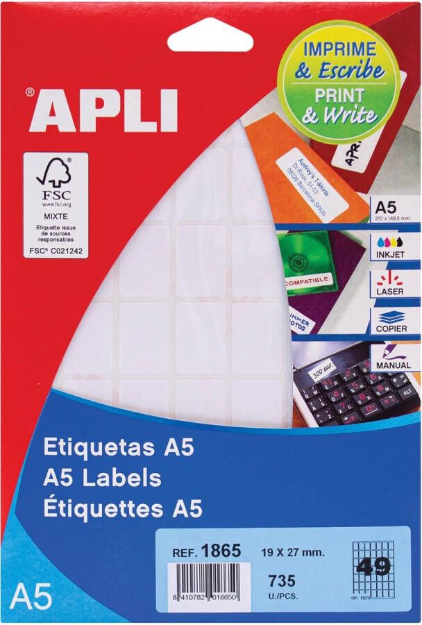 Apli witte etiketten Print &amp Write ft 19 x 27 mm(b x h ) 735 stuks 49 per blad(1865 )