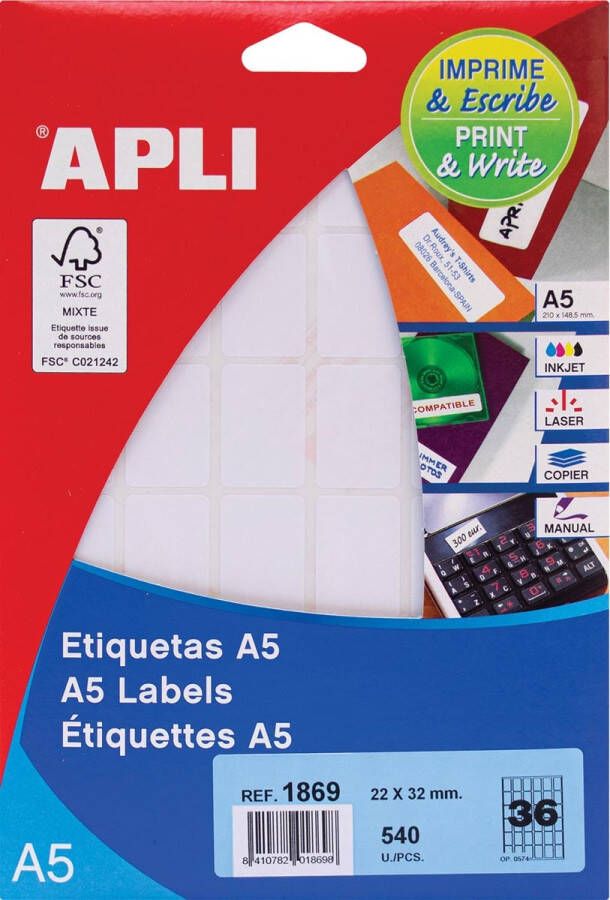 Apli witte etiketten Print &amp Write ft 22 x 32 mm(b x h ) 540 stuks 36 per blad(1869 )