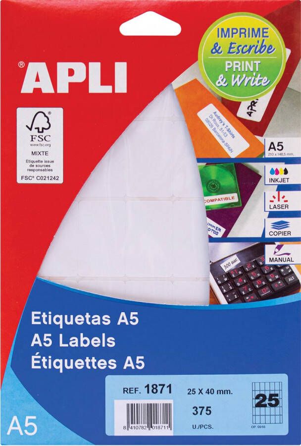 Apli witte etiketten Print &amp Write ft 25 x 40 mm(b x h ) 375 stuks 25 per blad(1871 )