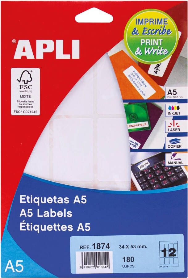 Apli witte etiketten Print &amp Write ft 34 x 53 mm(b x h ) 180 stuks 12 per blad(1874 )