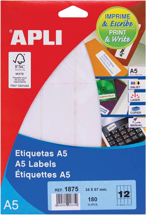 Apli witte etiketten Print &amp Write ft 34 x 67 mm(b x h ) 180 stuks 12 per blad(1875 )