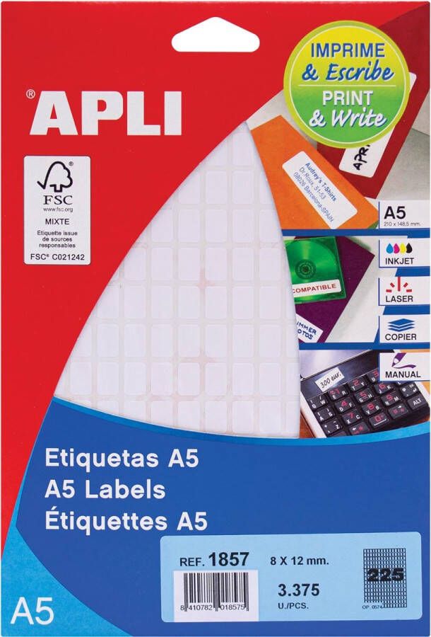 Apli witte etiketten Print &amp Write ft 8 x 12 mm(b x h ) 3.375 stuks 225 per blad(1857 )